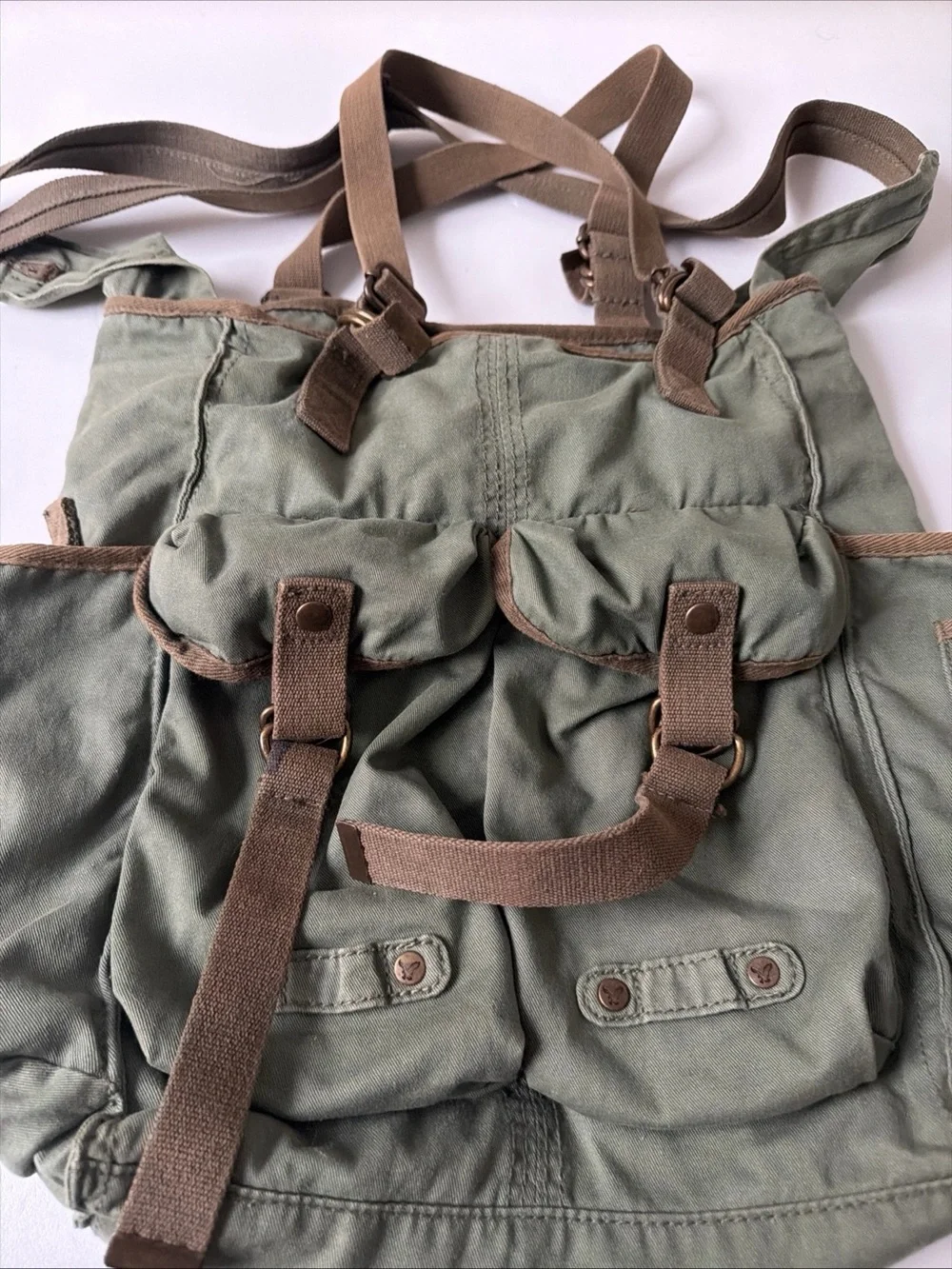 American Eagle Outfitters Olive Green Canvas Messenger Bag with Brown Trim